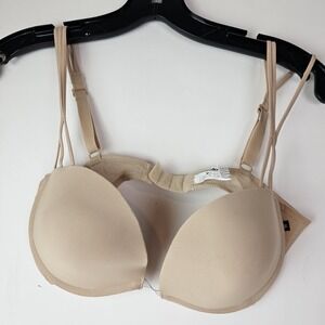 Wonderbra 34D Beige Push Up Underwire Bra Adjustable Plunge Strappy Lingerie